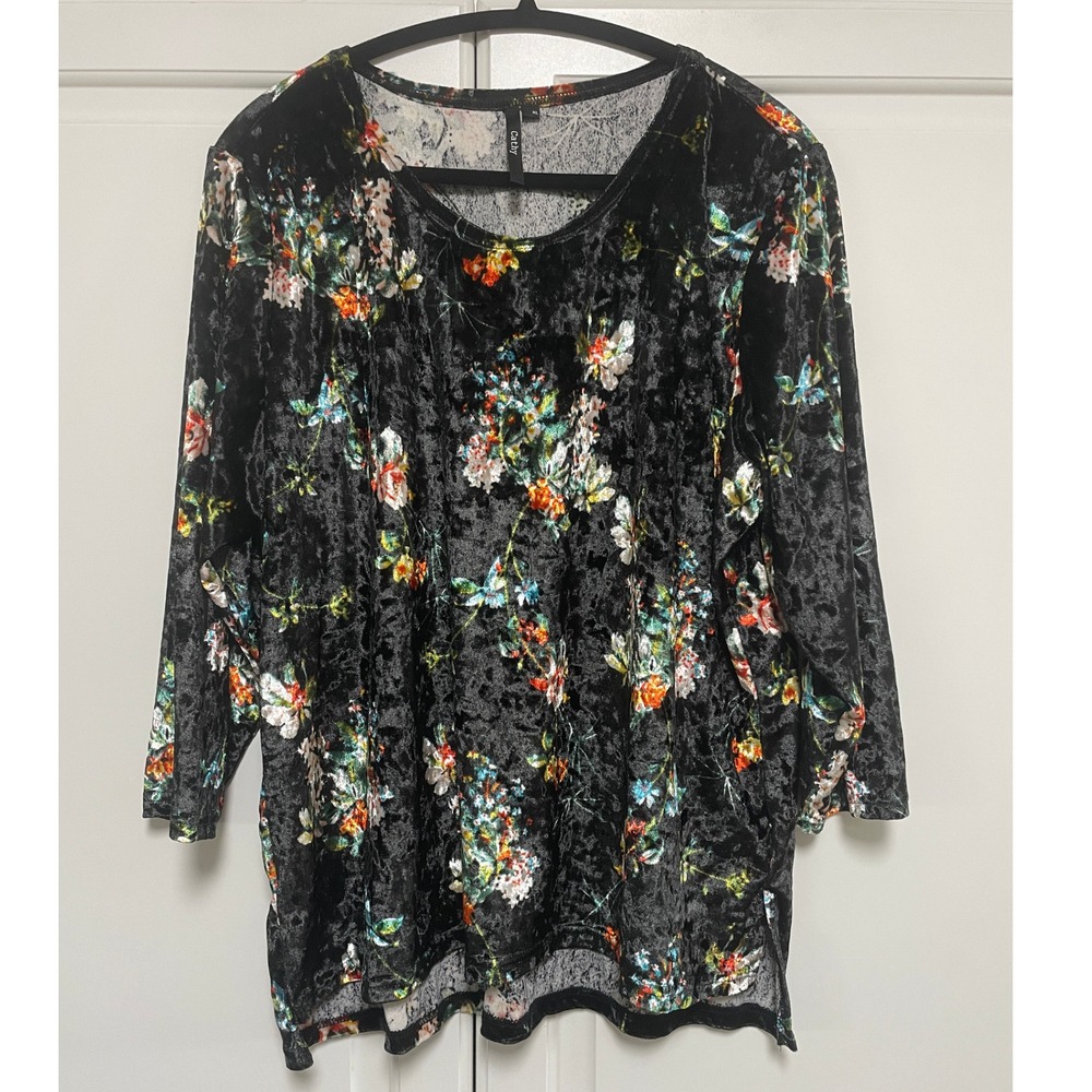 Cathy Floral Velvet Top XL 3/4 Sleeve Multicolor Black‎ Pullover